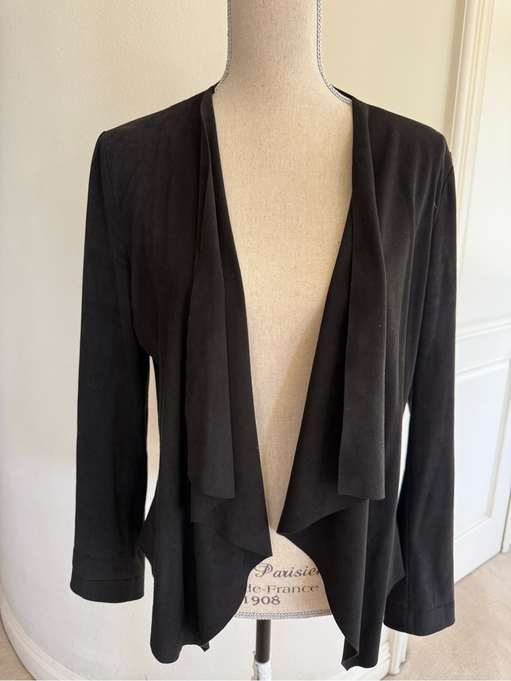 Zara Black Open-Front Draped Faux Suede Cardigan